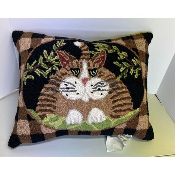 Peking Handicraft Punch Needle Brown Kitty Cat Pillow Tufted Rectangle 19" x 15" - Picture 1 of 8